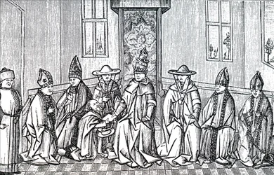 Petr poustevník, papež Urban II. a Simeon patriarcha jeruzalémský.
