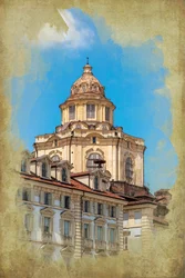 Piazza Castello: kostel San Lorenzo, Turín, Piemont, Itálie (manipulovaná fotografie)