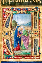 Piccolomini Library: Choir Book, cod. 14.P., násl. 2r s „Navštívením Marie a Panny Marie“. Alžběty od Giovanniho di Giuliana Boccardiho, známého jako Boccardino starší. Detail.