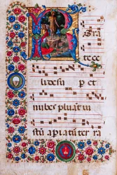 Knihovna Piccolomini: sborová kniha, treska. 18,3, násl. 45v s „Kázání sv. Jana Křtitele“, Girolamo da Cremona.