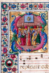 Knihovna Piccolomini: sborová kniha, treska. 23,8, násl. 100v s „The Pentecost“, od Girolamo da Cremona. Detail.