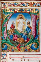 Knihovna Piccolomini: sborová kniha, treska. 29,13, násl. 30r s „Transfiguration“, od florentského iluminátora. Detail.