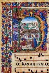 Knihovna Piccolomini: sborová kniha, treska. 2.B, násl. 5v s „Nativity“, od florentského iluminátora. Detail.