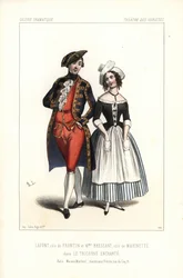 Pierre-Cheri Lafont v roli Frontina a paní Bressantové nebo Augustine Dupont jako Marinette ve hře Theophila Gautiera Le Tricorne Enchante, Theatre des Varietes.