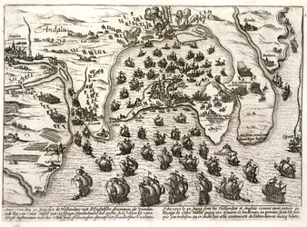Plán přístavu Cádiz v roce 1596 v době útoku sira Waltera Raleigha (rytina)