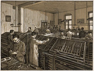 Tiskárna v Budapešti. (rytina, cca 1910)