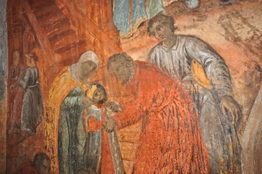 RUSKO, Uglich, ruský pravoslavný kostel svatého Dimitriuse na krvi (1630), freska zobrazující smrt Demetria (syna Ivana Hrozného)