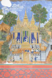 Reamker fresky zdobící stěny komplexu královského paláce v Phnom Penh, Kambodža (foto)