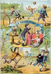 Rekreace na školním dvoře. Rytina v "Alphabet des petits ecoliers". Imaging of Epinal, circa 1885. Privee Collection