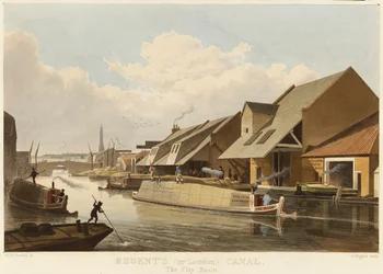 Regentův kanál (nebo Londýnský kanál) (Anglie) a Islington City Basin, nejdůležitější dopravní centrum na kanálu, popsané skladišti a nakládacími doky pro zboží.
