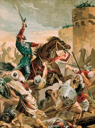Vyobrazení Cida, Rodriga Diaze de Vivar (1043-1099), španělského rytíře, hrdiny reconquisty při obléhání Valencie proti Saracénům v roce 1099.