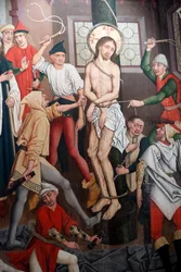 Katolický kostel Saint-Pierre le Vieux, Kristus ve svém utrpení, Bičování, Obraz Henriho Lutzelmana 15. století, Štrasburk, Francie. (fotografie)