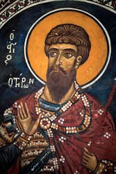 Saint Theodore Tiron: Byzantská freska ze 14. století (1332) Kostel Panny Marie Phorbiotissa, Asinou Kypr Malované kostely UNESCO Troodos, Kypr