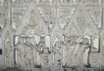 Sarkofág Pedro I (1320-1367) s výjevy ze života svatého Bartoloměje, kostel kláštera Alcobaca (Seznam světového dědictví UNESCO
