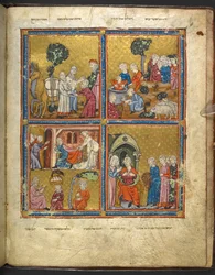 Scény ze života Josefa z Hagady na Pesach („Zlatá Hagada“), 1. část, 2. čtvrtina 14. století
