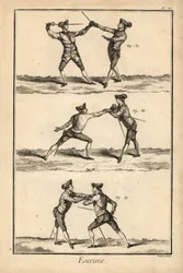Druhá poloha vyřazení v tierce, vyřazení na carte nebo seconde thrust a druhá poloha vyřazení na carte. Mědirytina Roberta Benarda z oddílu Šerm v Encyklopedii Denise Diderota, Pellet, Ženeva.