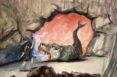 Siegfried zabíjí draka Fafnera, konec 19. století (ilustrace)
