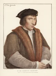 Sir John Godsalve z Norwiche v Norfolku, anglický politik (zemř. 1556). Ručně kolorovaná mědirytina od Francise Bartolozziho podle Hanse Holbeina z Faksimile originálních kreseb Hanse Holbeina, Hamilton, Adams, Londýn.