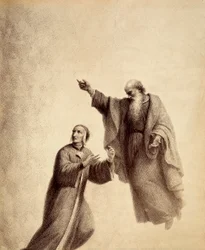 Svatý Bernard ukazuje Dantovi na Růži blahoslavených, kde sedí Beatrice. Ilustrace z Canto XXXI v Paradisu Božské komedie od Dante Alighieriho. Dílo Francesca Scaramuzzy věnované florentskému magistrátu.