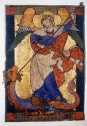 Svatý Michael poráží draka - pergamen, asi 1330, Staatliche Museen Kupferstichkabinett, Berlín