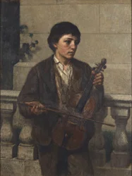 Pouliční hudebník 1800 (olej na plátně, nalepeno na Masonite)