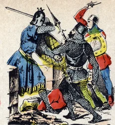 Bitva u Taillebourgu mezi francouzským králem Ludvíkem IX. a jeho bratrem hrabětem z Poitiers Alfonsem proti zbraním jejich vazalských vzbouřenců, anglického krále Jindřicha III. a Huga X. z Lusignanu. Epinalský obraz 19. století (rytina)