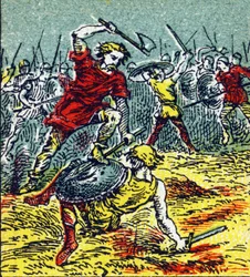 Bitva u Vouille, ve které Clovis I. porazil Vizigóty v roce 507. Rytina v „Histoire de France“. Série reklamních obrázků zveřejněných jménem Louita, 24 rue d