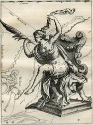 Cassiopee z Atlasu Hevelia (1690): Cassiopee, manželka etiopského krále Cephee, sedí na křesle zdobeném palmami. Rytina z „Hvězdy a další kuriozity nebe“ od Camille Flammarion