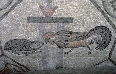 Kohout a želva, detail z dekorativní dlažby zobrazující křesťanské výjevy a pohanské symboly, kolem roku 313 n. l.