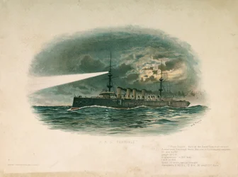 HMS "Terrible", křižník první třídy, postavený společností Barrow in Furness Shipbuilding and Arms Company v roce 1897. Chromolitografie z konce 19. století, autor W. S. Tomkin ().