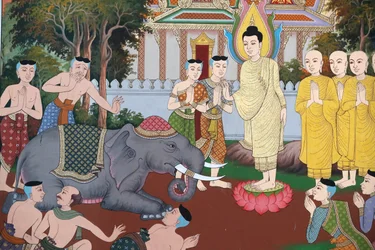 The Life of Buddha, Divoký slon zkrocený milující laskavostí, Nástěnná freska, klášter Wat Maniratanaram, Phnom Penh, 2022 (foto)