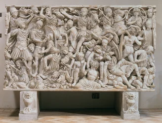 Sarkofág Ludovisi s vysokým reliéfním znázorněním Římanů bojujících s barbary, 250-80 našeho letopočtu (mramor)