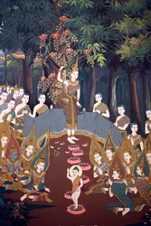 Narození dítěte Siddhartha, nástěnná freska, chrám Wat Botum, Phnom Penh, 2022 (foto)
