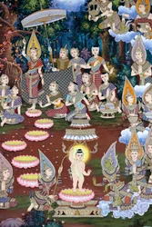 Narození dítěte Siddhartha, nástěnná freska, klášter Wat Maniratanaram, Phnom Penh, 2022 (foto)