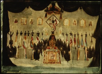 Tělo Horatia Nelsona (1758-1805) spočívá během pohřbu třetího dne v Painted Hall bývalé Royal Naval College v Greenwichi; černé plátno pokrývající rakev je odstraněno a po obou stranách stojí černě odění strážci