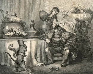 Botová kočka se setkává se zlobrem. Rytina od Gustava Dore (1832-1883) z „“Les contes““ od Charlese Perraulta (1628-1703)