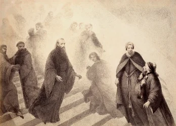 Kontemplativní duch Petra Damiána sestupuje ze zlatého žebříku a blíží se k Dantovi. Ilustrace k XVI. kánonu v Paradisu Božské komedie od Dante Alighieriho. Dílo Francesca Scaramuzzy věnované florentskému magistrátu.