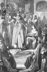 Korunovace Rudolfa I. Habsburského (1218-1291) římským králem 24. října 1273 v katedrále v Cáchách, Německo (Rudolf I. Německý korunován v katedrále v Cáchách 24. října 1273). Rytina z „Bilder-Gallerie zur allgem“ od Rottecka, 1843, Priva