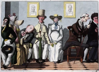 Čekárna u lékaře, těhotná žena, cca 1850 (ilustrace)