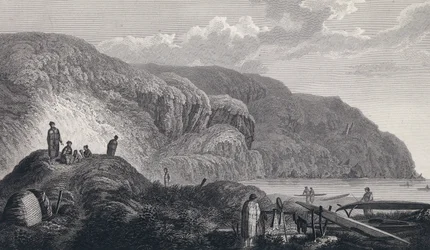 Obyvatelé Oonalashky (nebo Unalaska, Aljaška, Spojené státy) a jejich domovy. Rytina z konce 18. století, podle Johna Webbera (1751-1793).