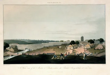 Île de France (Mauricius), západní pohled na mlýn v Pondre, kde 30. listopadu 1810 zůstala umístěna britská armáda. Barevný lept