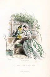 Hlízový poplatek a elfí narcis se dvoří na zahradní lavičce u zdi - Eau forte, Charles Geoffroy (1819-1882), podle ilustrace Jeana Ignace Isidora Gerarda dit J.J.Granville (1803-1847) pro Les fleurs animees.