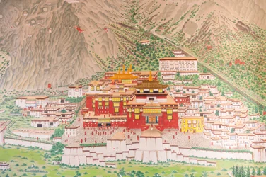 tibetský buddhismus; hlavní klášter linie Karma Kagjü; Tsurphu v Tibetu; nástěnná malba u vchodu do kláštera Rumtek poblíž Gangtoku; Sikkim; Himaláje; Indie; Jížní Asie; Asie