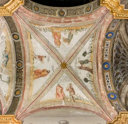 Transept na jih, třetí západní úsek, Isaac žádá Exhaù, aby mu přinesla hru, Rebecca obléká Jacoba do šatů Exhaù, Jacob mylně označený za Exhaù dává jídlo Izákovi, Esaac se vrací se zvěří, Katedrála Santa Maria Assunta, Duomo, Cremona, Lombardie, Itálie ( p
