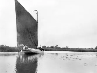 Spojené království: Wherry na řece Bure poblíž Ranworthu. Norfolk Broads,