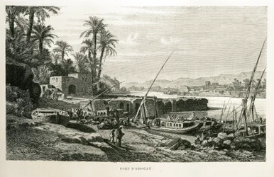 Pohled na přístav Asuán v Egyptě - ilustrace z Atlasu Egypta