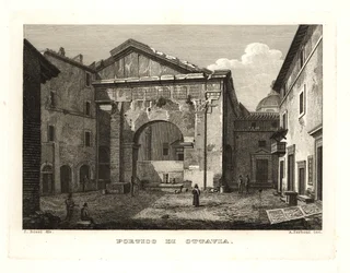 Pohled na Portico of Octavia nebo Portico of Octavia (Portico di Ottavia), Řím