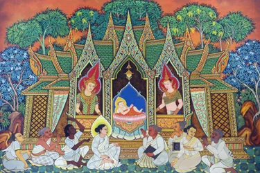 Thajský buddhistický chrám Wat Ananda Metyarama. Narození Siddhartha Gautama (běžně známý jako Buddha), 20160818, Singapur, Singapur