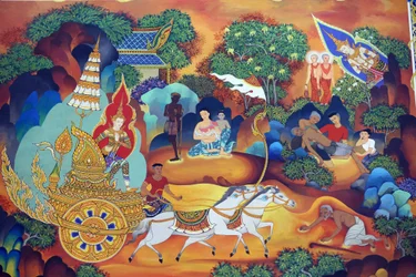 Thajský buddhistický chrám Wat Ananda Metyarama. Obraz Život Buddhy, 20160818, Singapur, Singapur