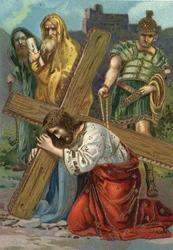 Křížová cesta - Via crucis - Zastavení křížové cesty: Sedmé zastavení, Ježíš podruhé padá. Chromolitografie. Soukromá sbírka